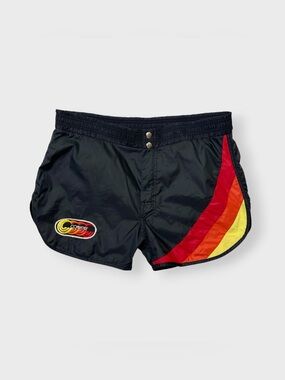Vintage 70s 80s Connelly Ski Rainbow Wave Swim Trunks, Nylon Patch Shorts, Surf